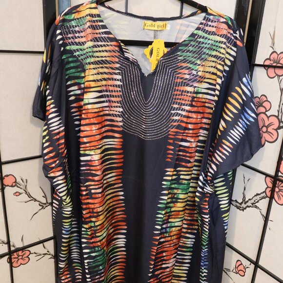 Colorful Short Blue Kaftan Mini Dress With Rhinstones 1X NWT - Picture 2 of 16